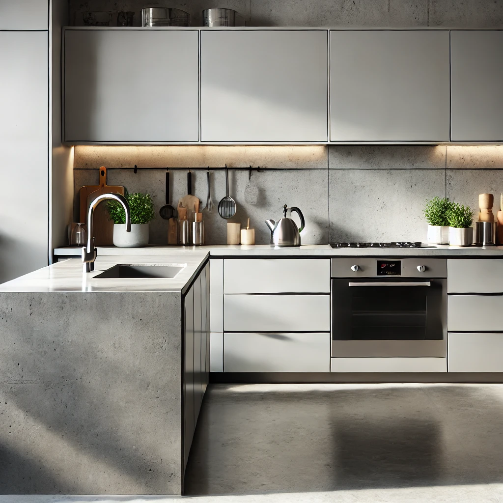 A sleek modern kitchen featuring DIY concrete countertops with a smooth, polished finish, offering an industrial yet stylish budget-friendly alternative