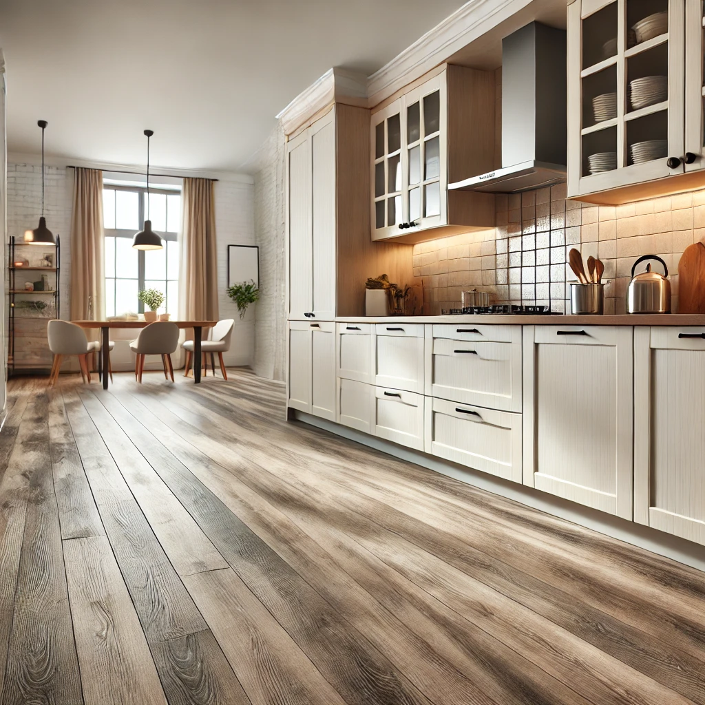 A modern kitchen featuring newly installed vinyl flooring with a sleek wood-like finish, providing a durable, waterproof, and cost-effective alternative to hardwood