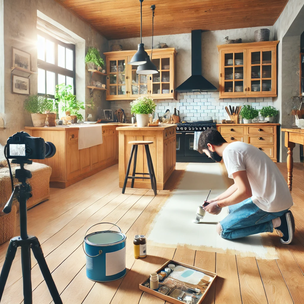 A homeowner painting a wooden kitchen floor in a fresh light color, creating a bright and budget-friendly flooring upgrade