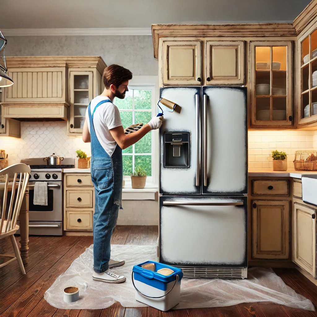 A homeowner painting an old refrigerator with appliance paint, transforming it into a fresh and modern-looking kitchen appliance