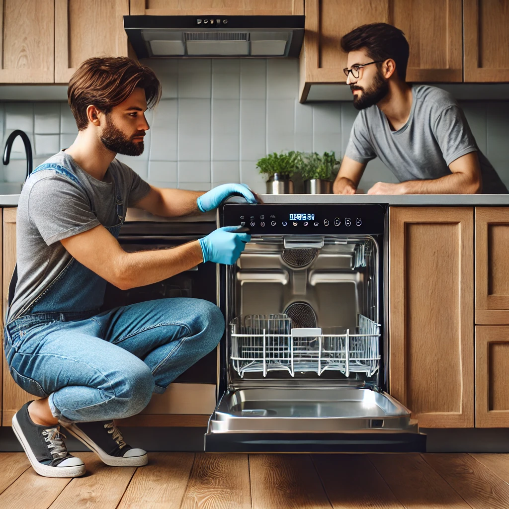 A homeowner installing a new stylish front panel on a dishwasher, giving it a modern look without the cost of replacing the entire appliance