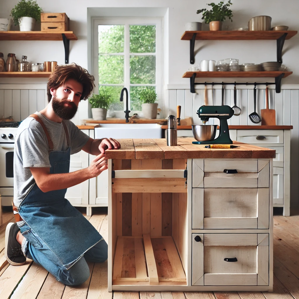 A homeowner building a custom kitchen island using repurposed cabinets, featuring a rustic wooden countertop and storage shelves in a bright and inviting kitchen