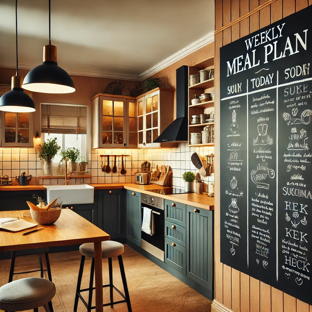 A cozy kitchen featuring a large chalkboard wall used for meal planning and family notes, enhancing both functionality and style