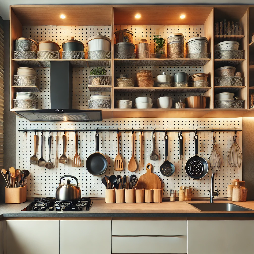 A modern kitchen utilizing vertical space with a pegboard holding neatly arranged pots, pans, and utensils, freeing up cabinet storage