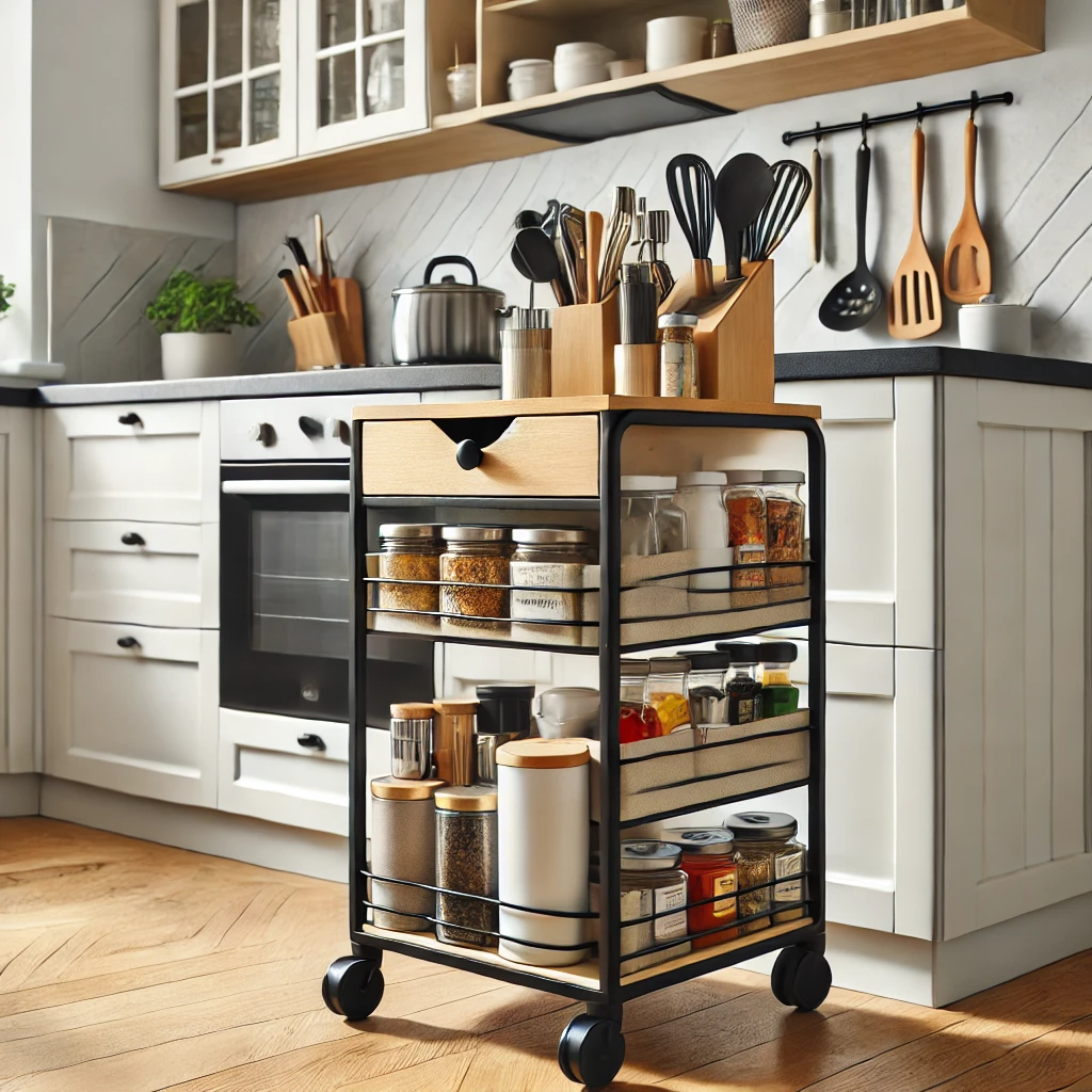 A stylish and compact rolling cart in a modern kitchen, providing additional storage for spices, utensils, and small appliances without taking up permanent space