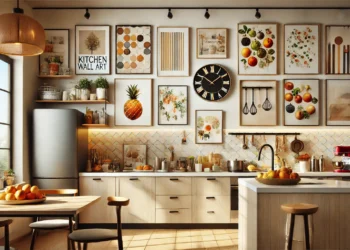 Modern kitchen with elegant wall art, featuring canvas prints of fruits and vegetables, geometric patterns, and a chic floating shelf. Cozy and inviting cooking space with contemporary design