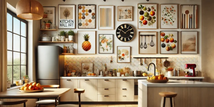 Modern kitchen with elegant wall art, featuring canvas prints of fruits and vegetables, geometric patterns, and a chic floating shelf. Cozy and inviting cooking space with contemporary design