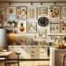 Modern kitchen with elegant wall art, featuring canvas prints of fruits and vegetables, geometric patterns, and a chic floating shelf. Cozy and inviting cooking space with contemporary design