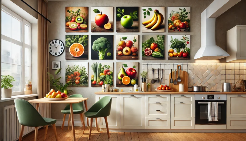 Featuring food-themed canvas prints, including fruits and vegetables, adding warmth and charm to the kitchen