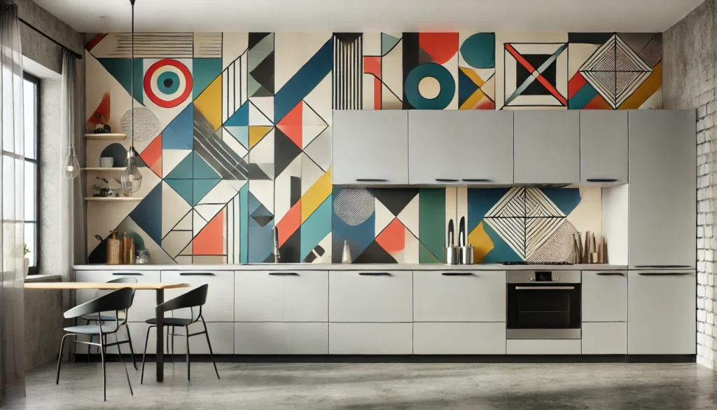 Geometric abstract designs that stand out against a contemporary, minimalist kitchen