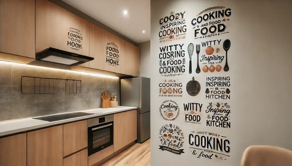 A cozy and practical kitchen with fun, inspiring cooking quotes and food-themed sticker designs