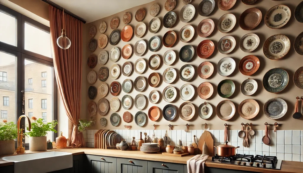 A modern kitchen wall with a collection of colorful plates of different designs, adding charm and warmth to the space