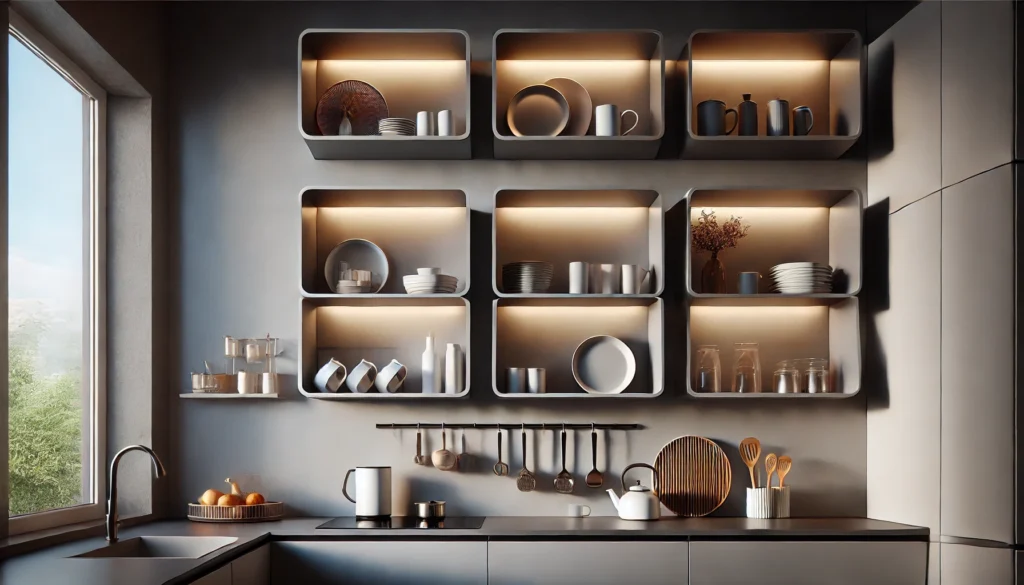 A contemporary kitchen with minimalist floating shelves displaying dishes and mugs, creating a clean and functional space