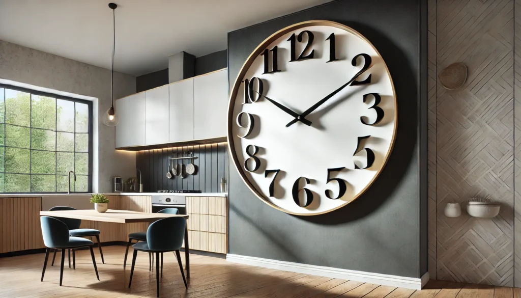 A bold and stylish oversized clock mounted on the wall of a modern kitchen, adding personality and elegance to the space