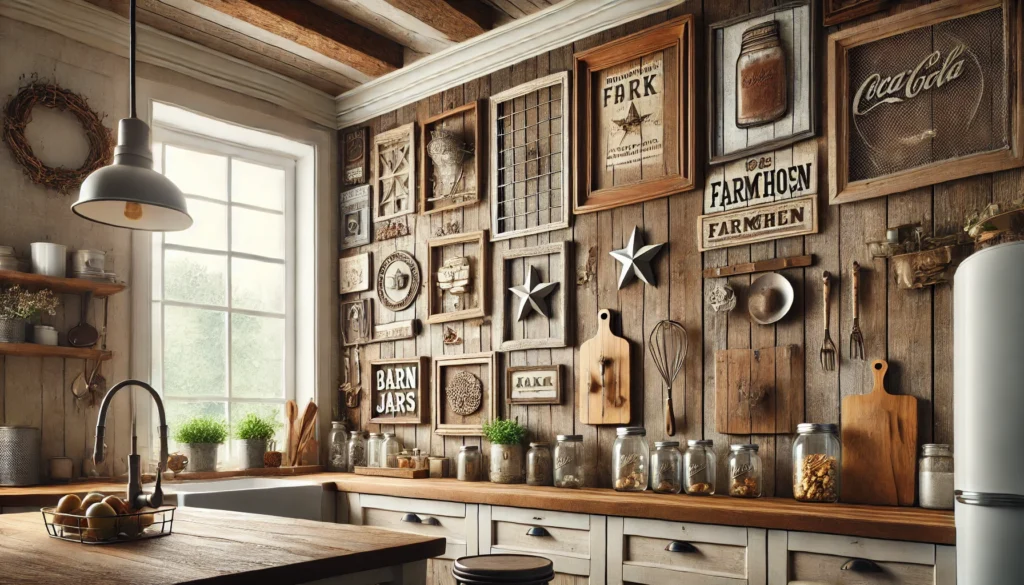 A rustic kitchen wall adorned with old window frames, barn wood, mason jars, and metal tin signs, creating a warm farmhouse aesthetic