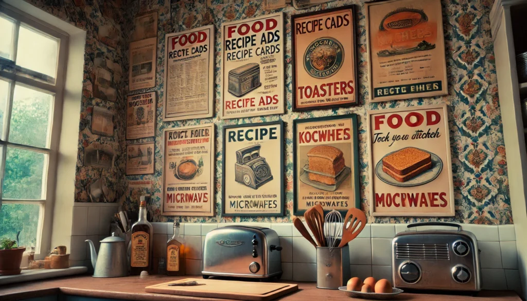 A vintage kitchen with retro food ads, recipe cards, and old kitchen utensils like toasters and microwaves, offering a nostalgic atmosphere