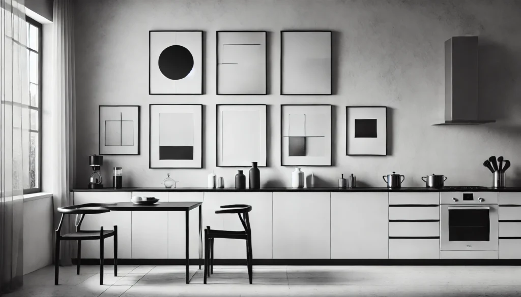 A minimalist kitchen with black-and-white abstract artwork on the wall, emphasizing modern design and simplicity