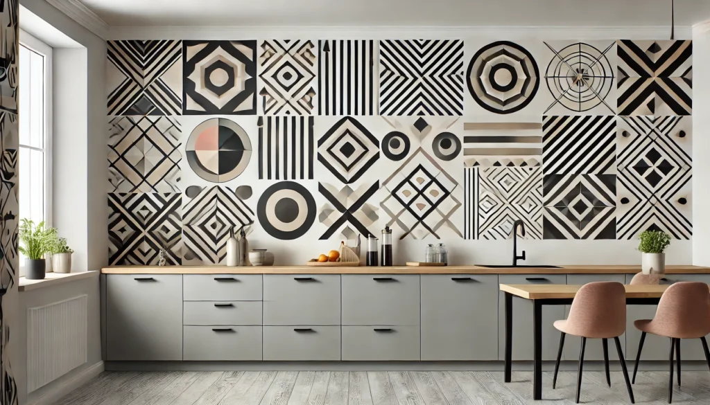 A modern kitchen wall adorned with geometric shapes and patterns in vibrant and neutral colors, adding a chic and sophisticated look