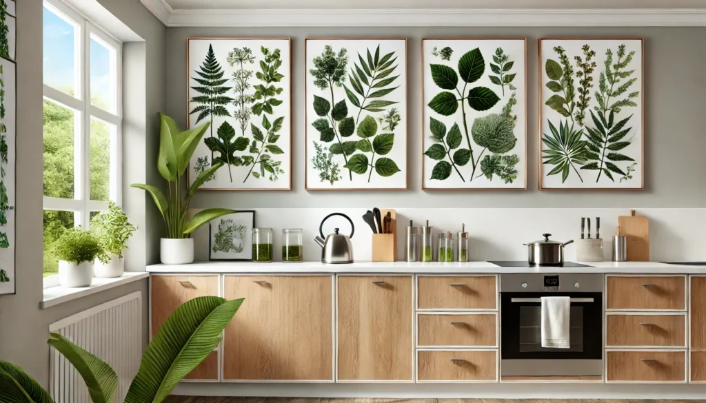 A modern kitchen featuring botanical prints of herbs and leaves, adding a natural and calming atmosphere