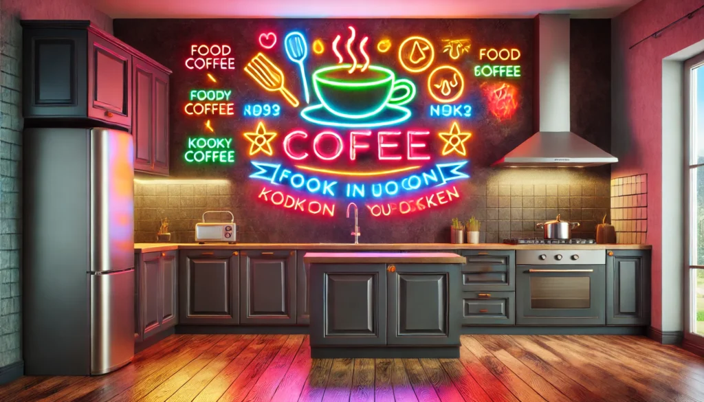 A vibrant kitchen featuring a personalized neon sign with food-related graphics, adding an energetic and modern vibe