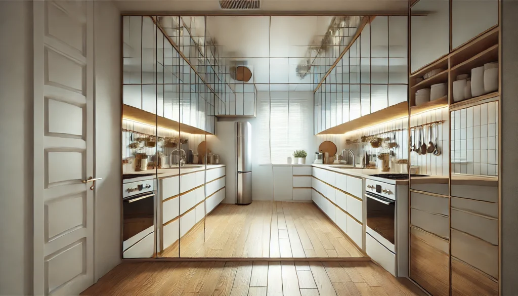 A small kitchen with mirrors reflecting light to create the illusion of more space, making the area feel open and airy