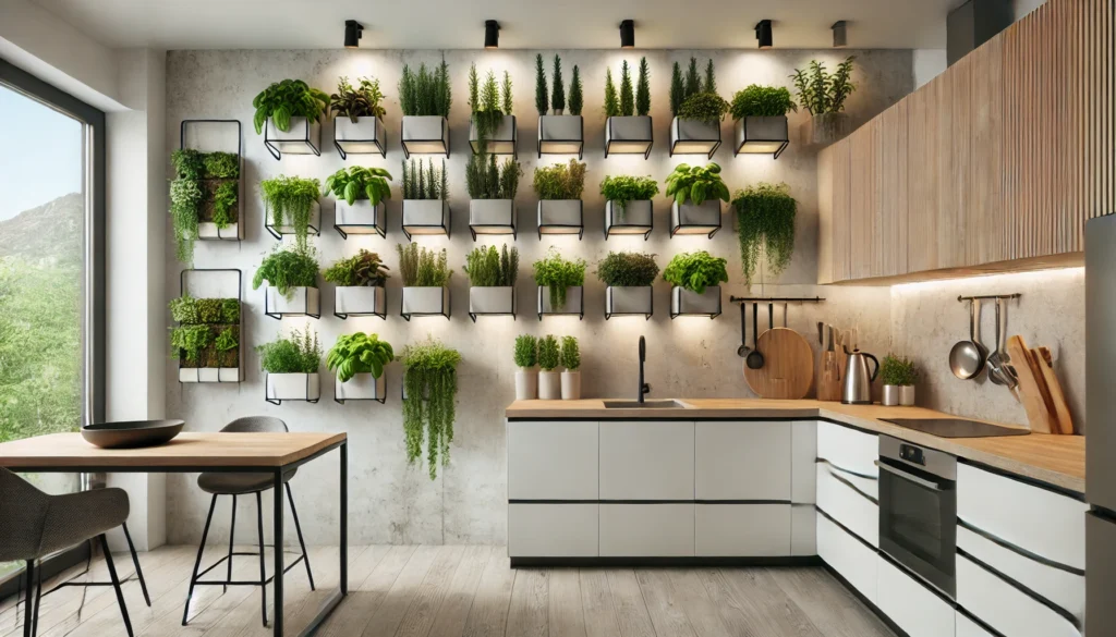 A modern kitchen with a vertical herb garden mounted on the wall, featuring herbs like basil, rosemary, and thyme for both decoration and cooking