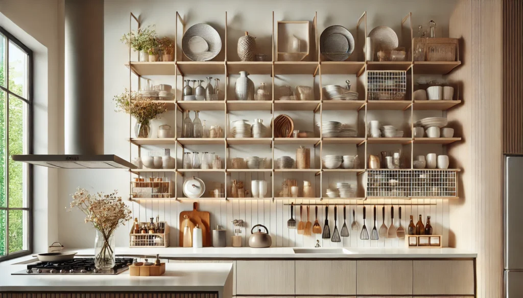 A sleek modern kitchen with open shelving, displaying decorative kitchenware like dishes and glassware for both storage and style