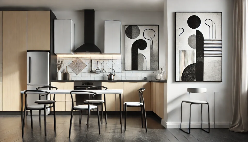 A modern kitchen featuring black-and-white monochrome artwork on the wall, creating an elegant and minimalist atmosphere