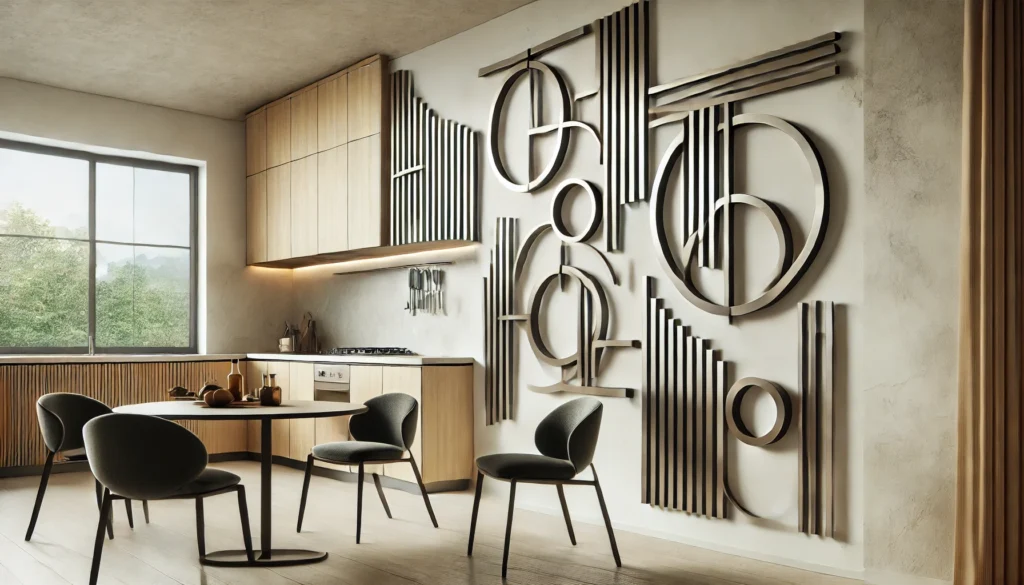 A modern kitchen with abstract metal sculptures mounted on the wall, enhancing the space with texture and bold geometric shapes