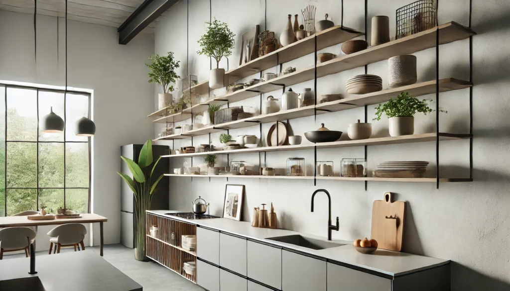 A contemporary kitchen with sleek floating shelves mounted on the wall, displaying modern kitchenware and decorative objects