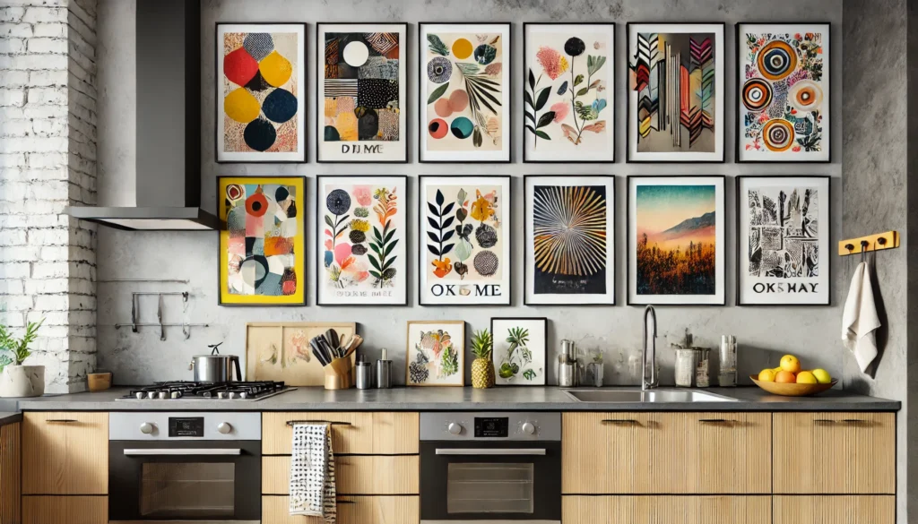 A modern kitchen showcasing art prints and original pieces from online marketplaces like Etsy, offering affordable and stylish decor