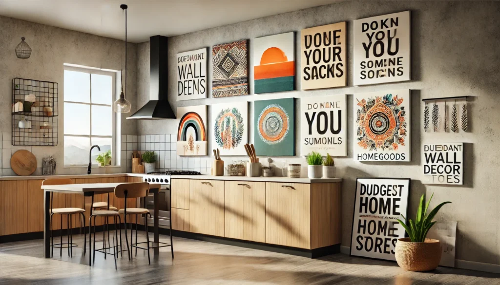 A modern kitchen with affordable wall decor like canvas panels and decal stickers, inspired by decor from discount home stores like HomeGoods