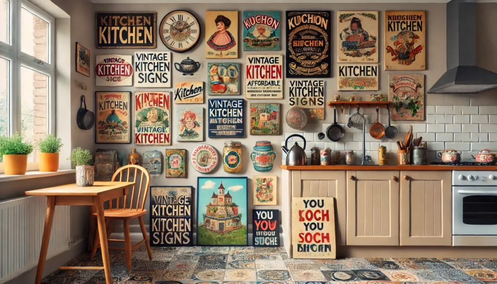 A cozy kitchen featuring quirky and affordable art pieces, including vintage signs and retro posters, as found in thrift stores