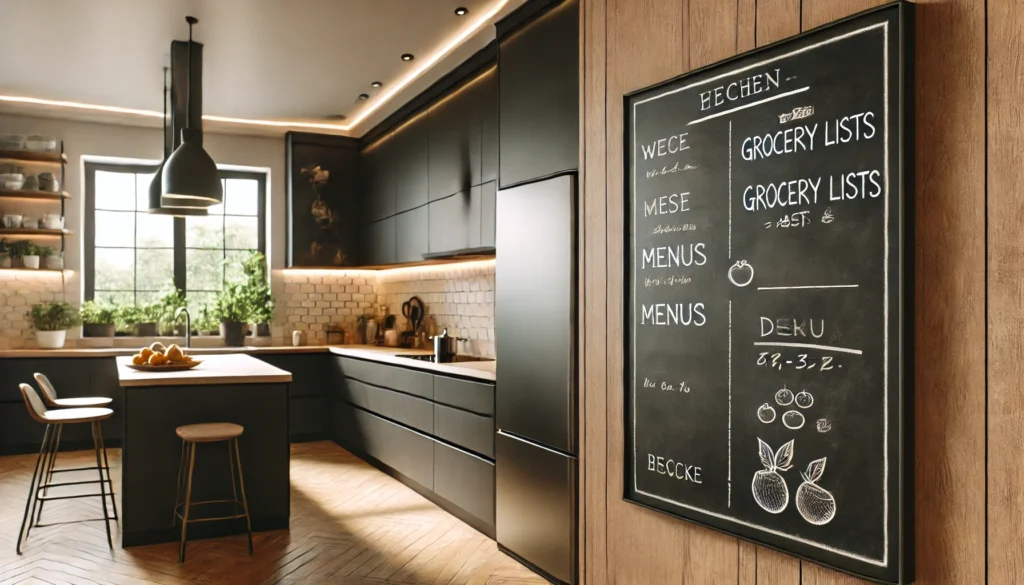 A modern kitchen with a chalkboard wall for writing grocery lists, menus, or creative doodles, adding both functionality and style