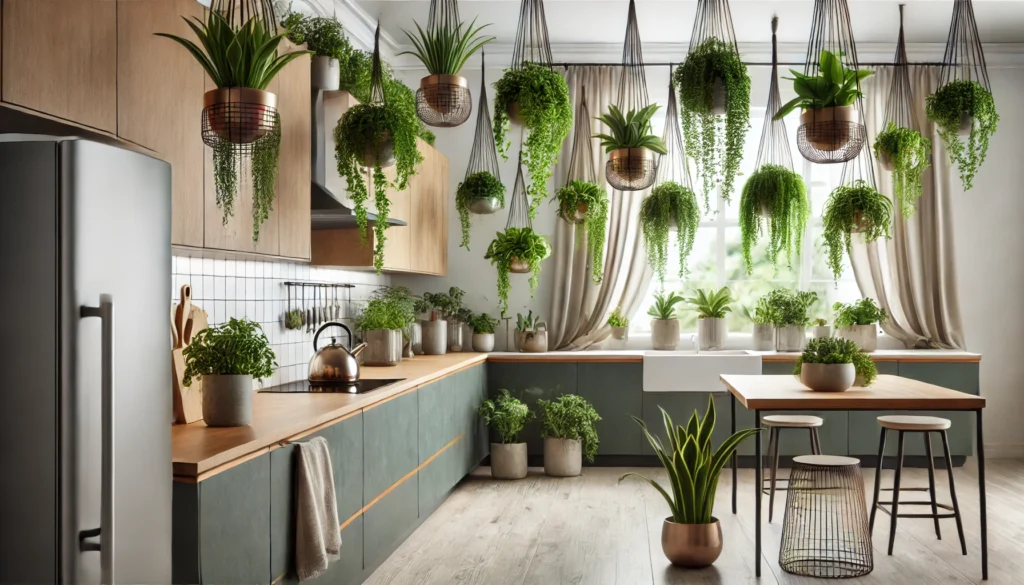 A modern kitchen with hanging plants suspended from the ceiling, creating a vibrant and outdoor-like atmosphere in the space