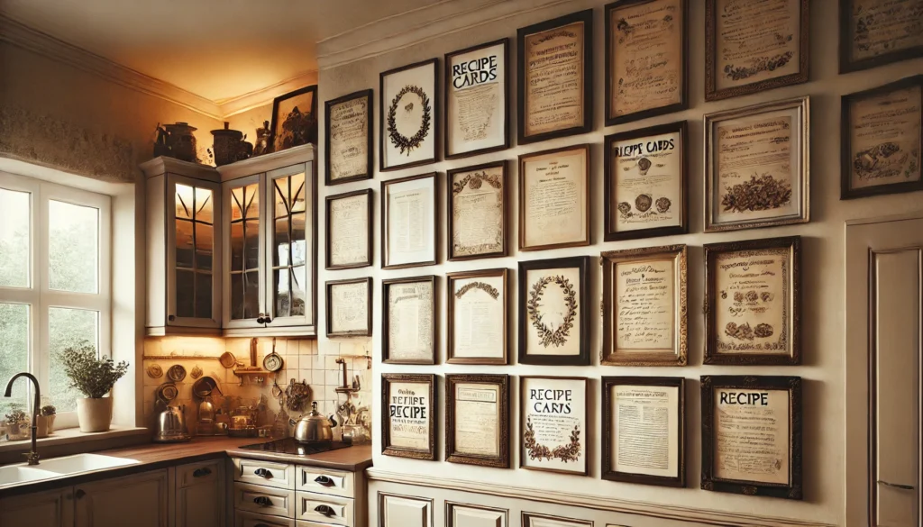 A warm kitchen with framed family recipe cards on the wall, creating a nostalgic and personal atmosphere