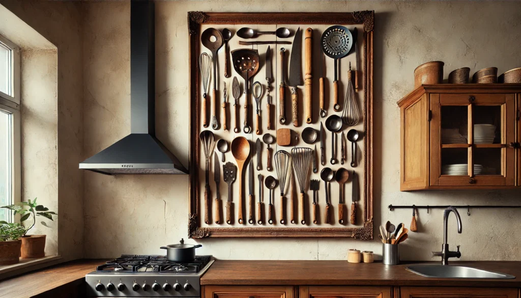 A kitchen with old kitchen utensils neatly framed on the wall, adding a creative and vintage touch to the kitchen decor