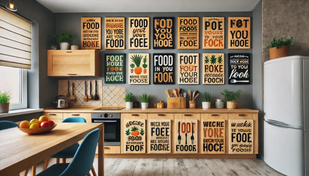 A kitchen with painted wood signs featuring food-related quotes, adding a playful and rustic charm to the kitchen