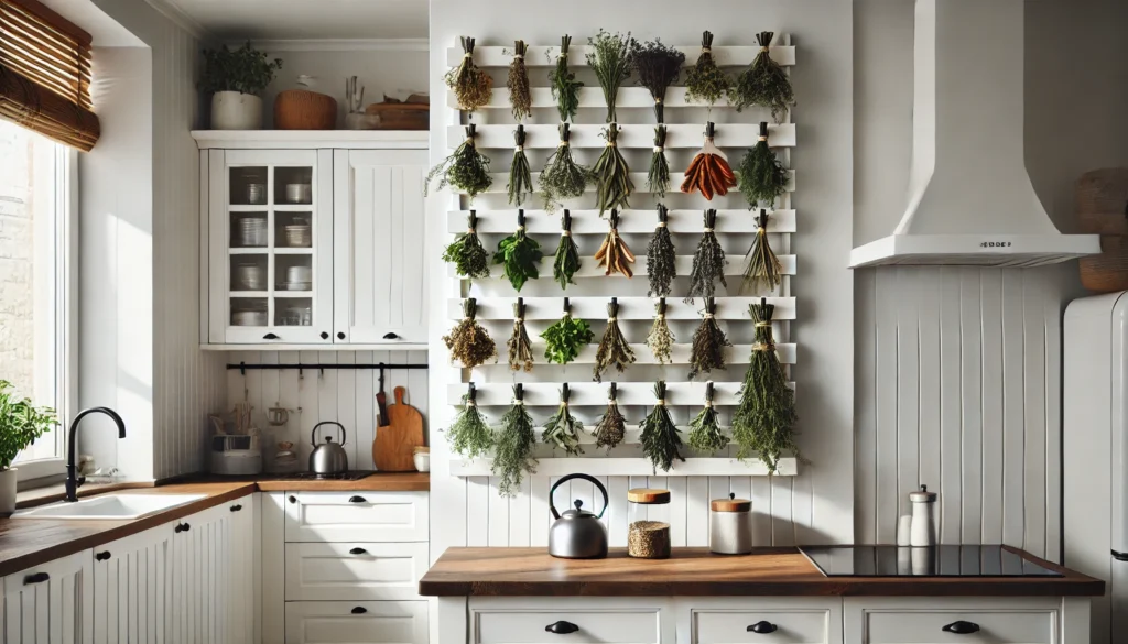 A minimalist kitchen featuring a white wooden herb drying rack, with herbs hanging to dry, combining functionality and style