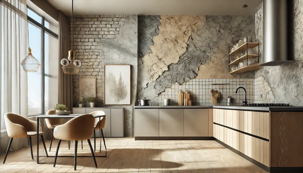 A modern kitchen with textured walls created using various paints or wallpapers, adding depth and sophistication to the space