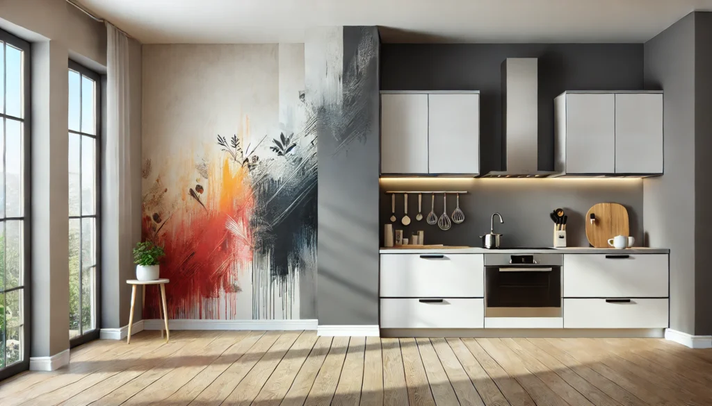 A modern kitchen with an accent wall painted in a bold color, creating a focal point and artistic expression in the space