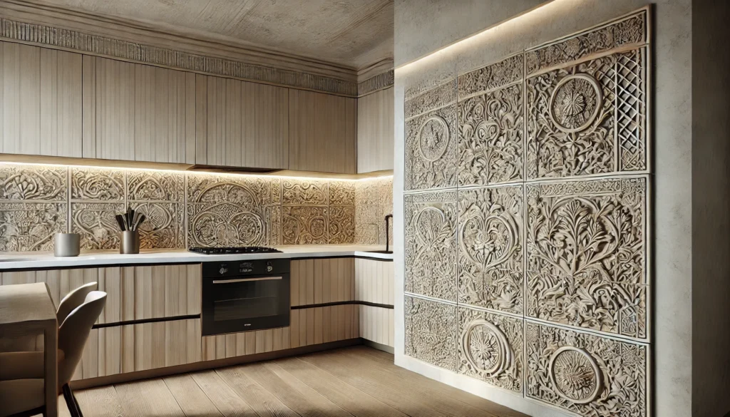 A modern kitchen featuring embossed decorative tiles on the walls, adding texture and intricate designs to enhance the space