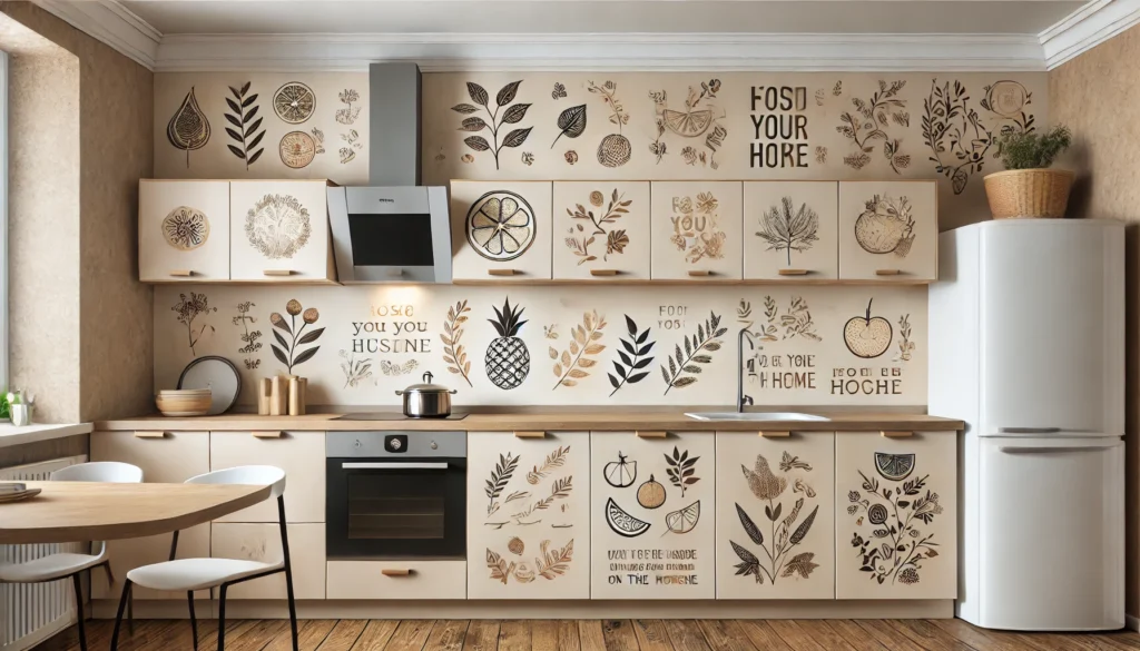 A modern kitchen featuring wall decals with various designs, adding a playful and customizable element to the decor