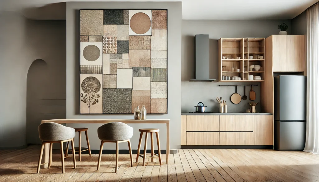 A modern kitchen with artwork that fits perfectly into the wall space, creating a balanced and harmonious look