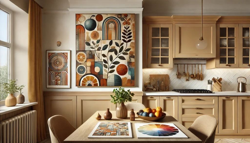 A kitchen featuring color-coordinated art pieces and decor that complement the kitchen's overall design, creating a cohesive aesthetic