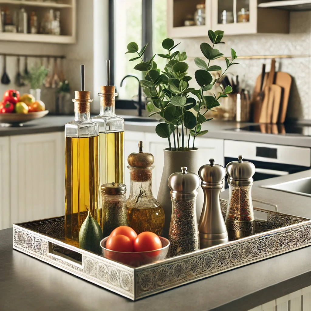 A modern kitchen counter featuring a stylish tray holding condiments, oil bottles, salt and pepper shakers, and a small vase with flowers. The tray keeps the counter organized while adding a decorative touch.