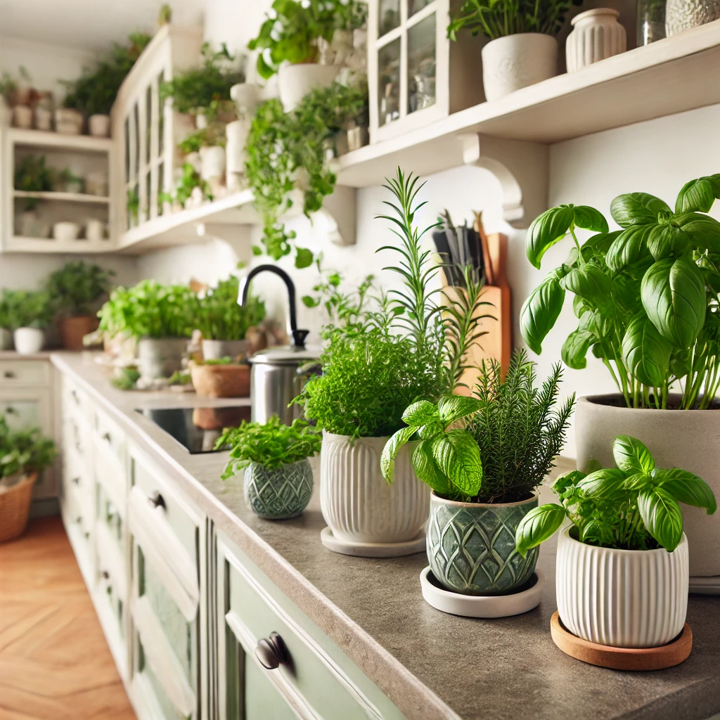 A bright kitchen counter decorated with fresh potted herbs, including basil, rosemary, and mint. The plants add a vibrant and natural touch to the space.