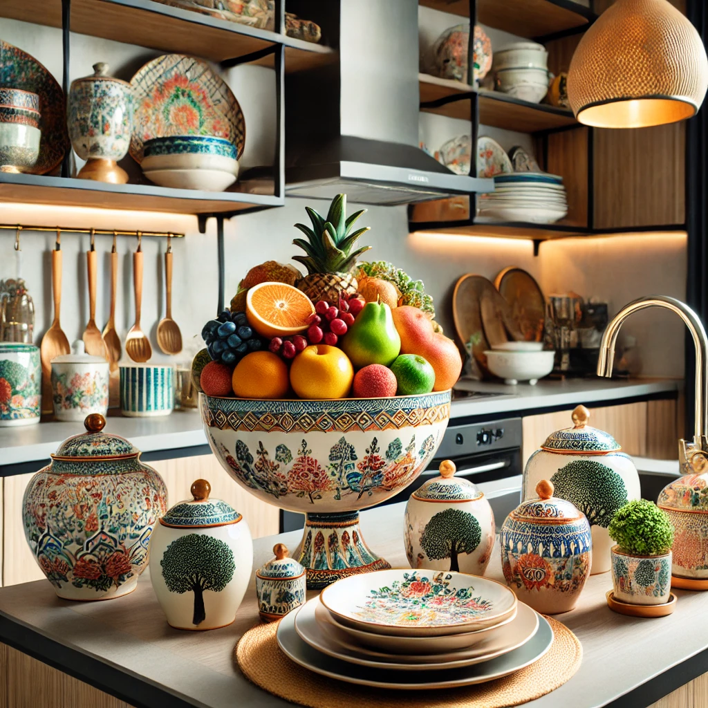 A stylish kitchen counter showcasing a colorful fruit bowl, matching ceramic containers, and neatly stacked plates. The decor enhances aesthetics while providing functional storage.
