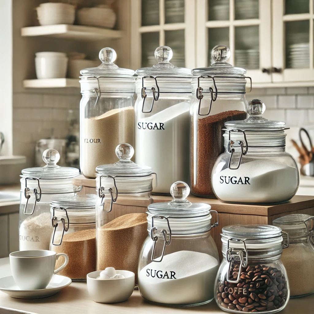 A kitchen counter featuring elegantly organized glass and porcelain containers filled with flour, sugar, and coffee. The clear containers offer functional storage while maintaining aesthetic appeal.