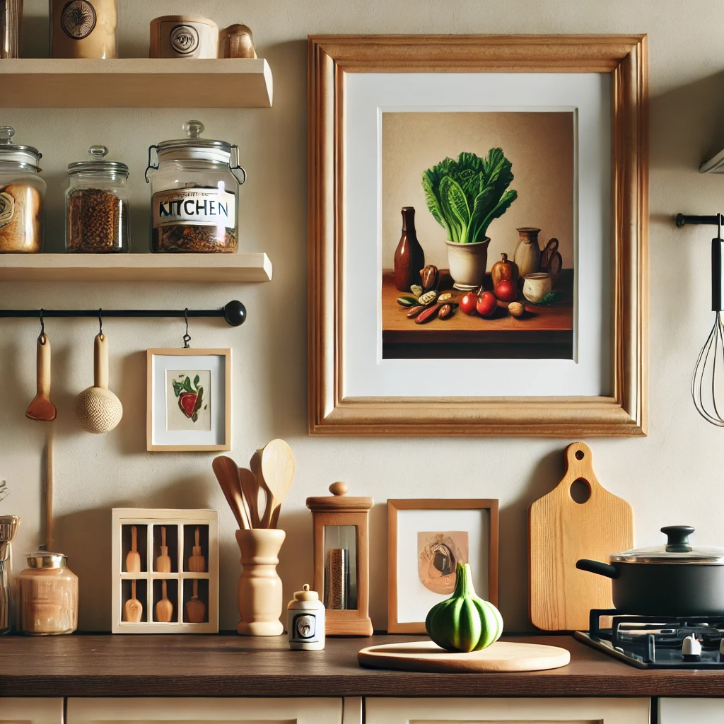 A kitchen featuring small art pieces related to cooking, including a tasteful still-life painting and a vegetable sculpture, adding a personal and cozy touch to the space.